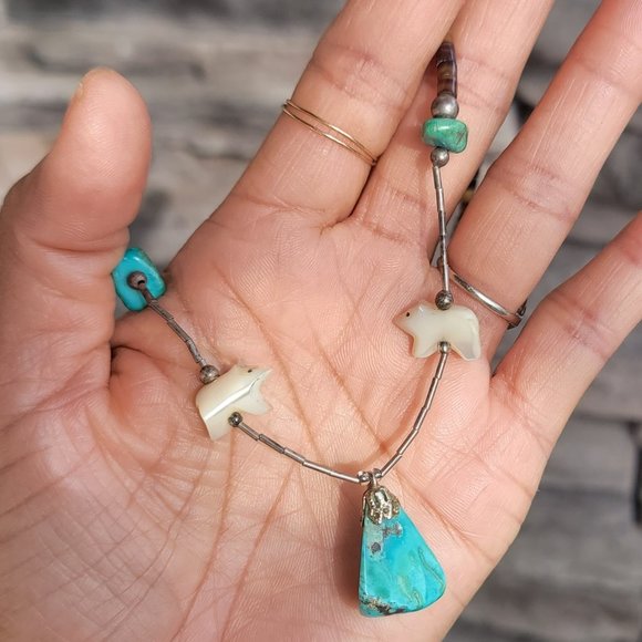 Absolutely stunning handmade Native American sterling silver, MOP bears, turquoi - Picture 11 of 14